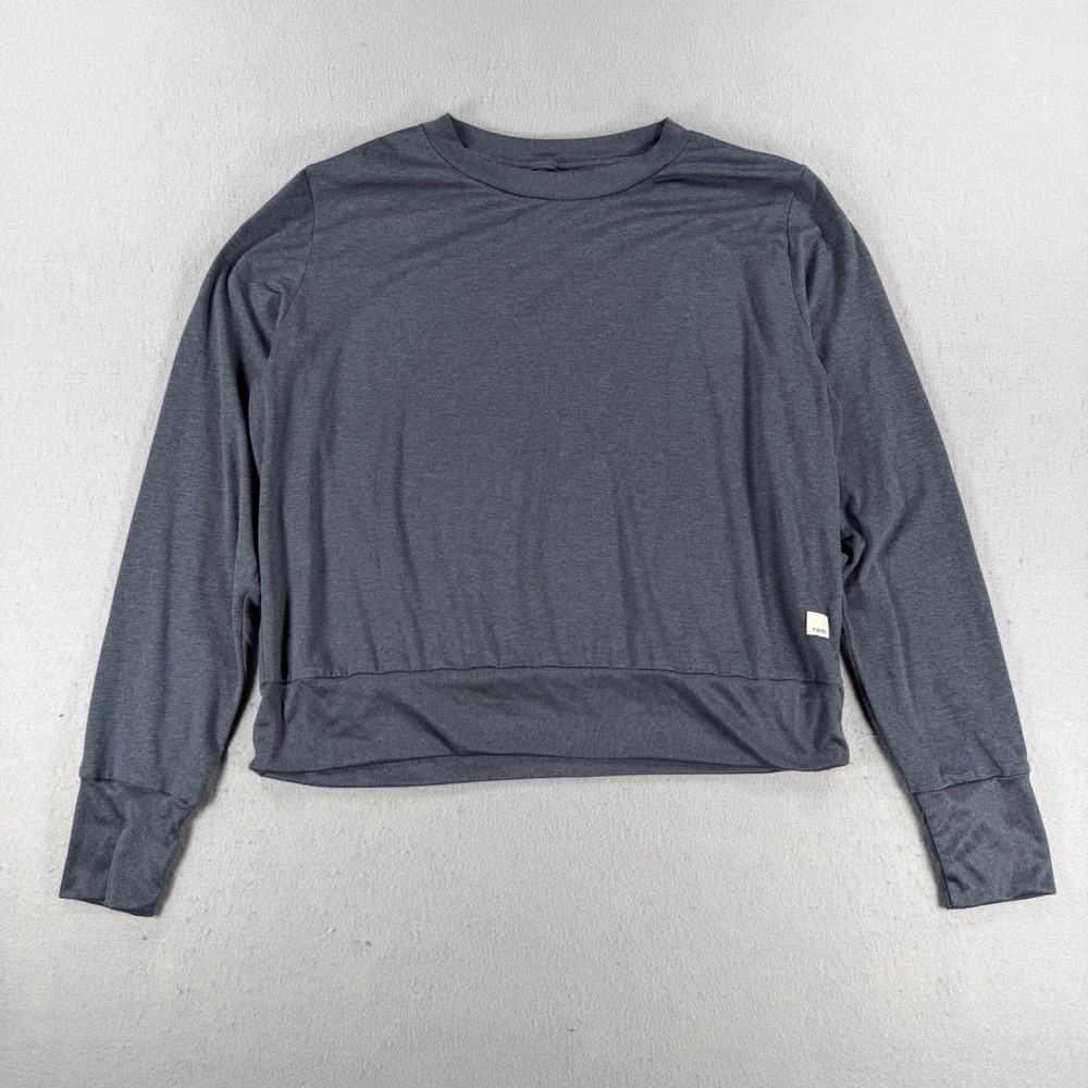 Vuori Long Sleeve Activewear Top Charcoal Heather Gray Banded Hem Crew Neck